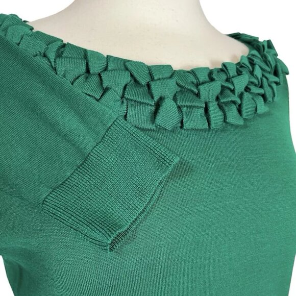 Talbots Silk Blend Sweater Petites L Kelly Green Rolled Ruffle Thin Knit - Picture 4 of 7